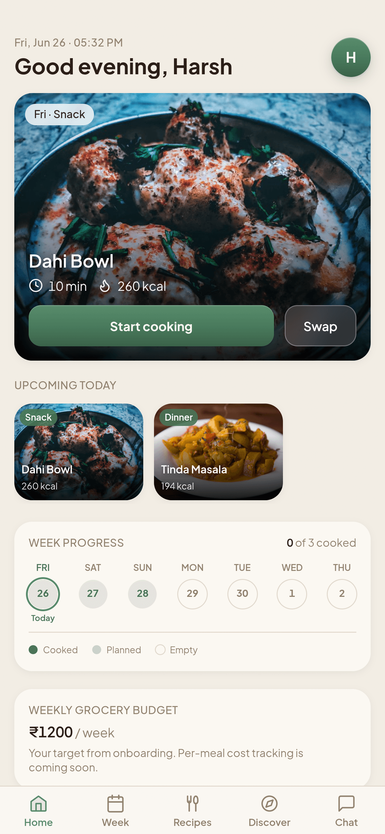 HealthyWeek app — your week at a glance